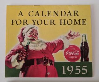 Rare 1955 Coca - Cola Calendar - Wall Hanger - Santa Claus - Coke Bottle Ad