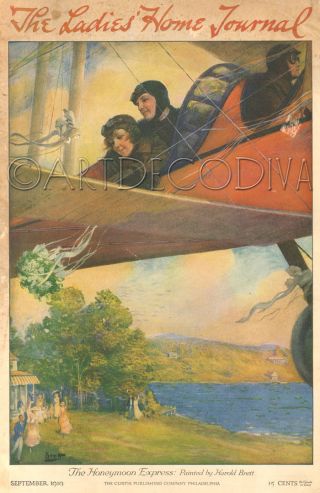 Antique 1919 Biplane Airplane Honeymoon Pilot Bride Bouquet Wedding Mag Cover