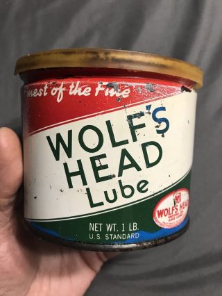 Vintage Antique Wolf’s Head Motor Oil And Lube 1 Lb Grease Gas Can Auto Trans