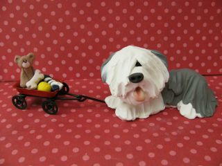 Handsculpted Old English Sheepdog Pulling Wagon Of Toys Figurine