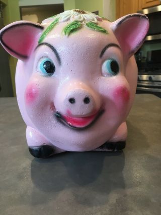 Vintage Large Carnival Chalkware Piggy Bank Happy Smiling Pink Floral Still Pig