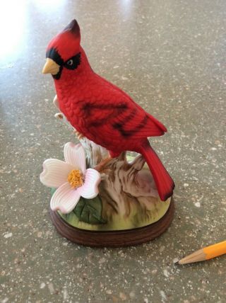 Vintage Homco Cardinal Bird Figurine With Pink Dogwood Flower - Cond.