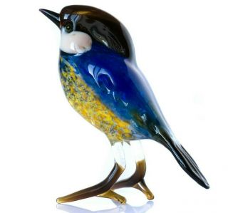 Blue Yellow Tomtit Figurine Blown Glass " Murano " Art Bird Titmouse Miniature