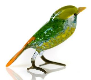 Green Yellow Bird Figurine Blown Glass " Murano " Art Animal Woodland Miniature