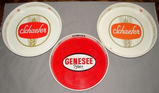 (3) Vintage Round Metal Beer Trays Genesee & Schaefer Beers Red & White