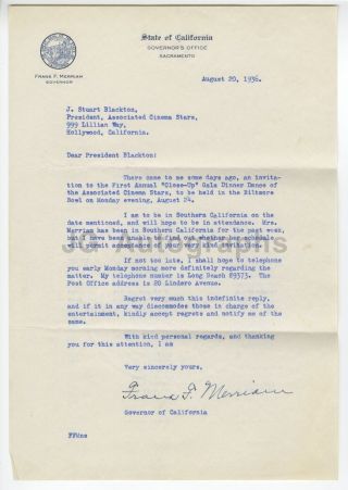 Frank Merriam - 28th Governor Of California - Autographed Letter,  1936