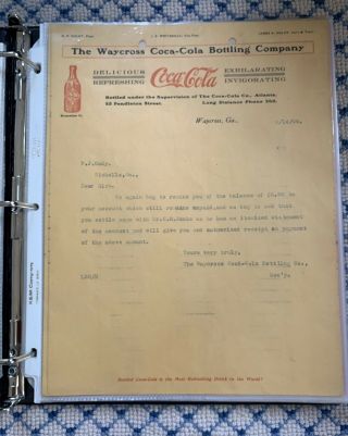 Early 1909 Coca - Cola Bottling Co.  Letterhead Straight Sided Bottle Waycross,  Ga