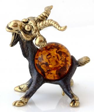 Goat Brass Bronze Figurine Russian Baltic Amber Miniature Animal Sculpture 1.  2 "