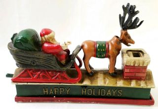 Happy Holidays Santa Sleigh & Reindeer Mechanical Cast Iron Coin Bank