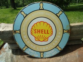 Old 1933 Shell Marine Lubricants Porcelain Gas & Oil Pump Sign Advertising