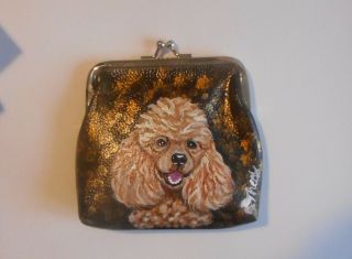 Apricot Poodle Dog Hand Painted Leather Coin Purse Mini Clutch Wallet Vegan