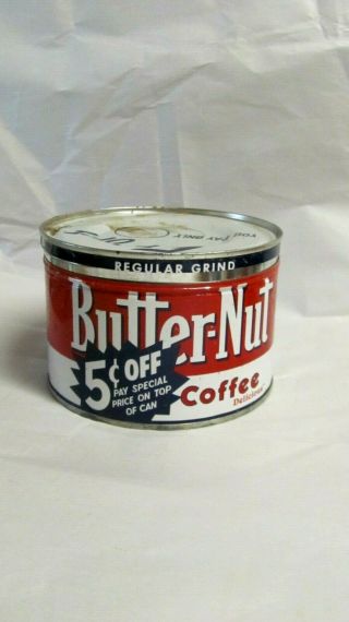 Vintage Butter - Nut 1 Lb Metal Coffee Tin Can 5 Cents Off Regular Grind