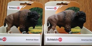 Schleich Bison 2 American Buffalo Backcard Horns Figurine Play Wild