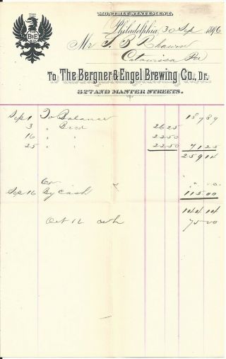1896 Bergner & Engel Brewing Co.  Statement - Philadelphia,  Pa