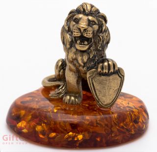 Solid Brass Amber Figurine Lion With Shield Ironwork