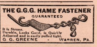 1911 Ad G G Greene Hame Fastener Warren Pennsylvania