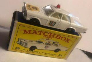 Vintage Lesney Matchbox 55 Ford Galaxie Police Car White W/red Light Nm
