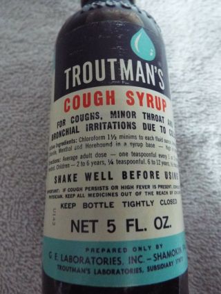 Vintage Troutman ' s Cough Syrup Glass Bottle 5 oz 1970 Medicine Bottle 5