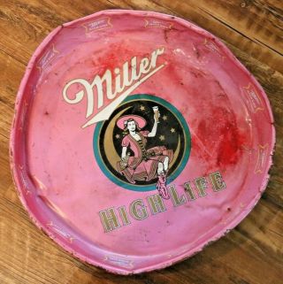 Miller High Life Vintage Red Girl On The Moon Metal Beer Tray 14 Inch Rare Color
