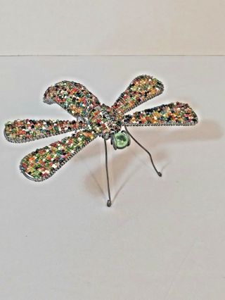Glass Bead And Wire Dragonfly Folk Art Sculpture