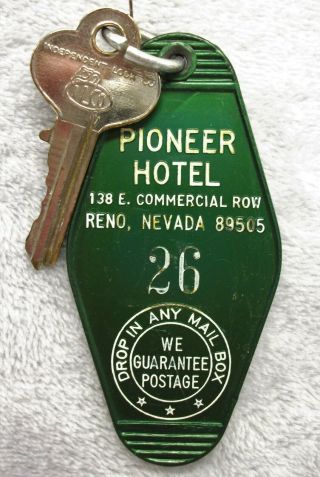 Vtg.  Plastic Hotel Motel Room Key Fob Chain Ring Pioneer Hotel Reno Nevada Htf