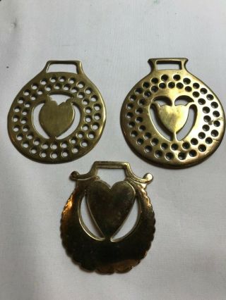 3 Antique Brass Horse Tack Medallions Ornaments Heart 1800’s