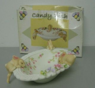 Easter Candy Dish 3d Rabbits And Flowers Porcelain White Pink And Purple