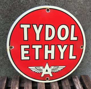 Old Vintage Flying A Tydol With Ethyl Gasoline Porcelain Enamel Gas Pump Sign