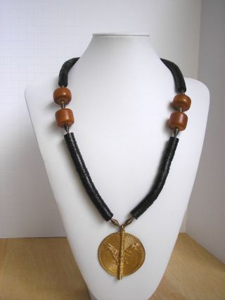 Vintage 27 " Black Heishi Faturan Bakelite Beads Gilded Rooster Tribal Necklace
