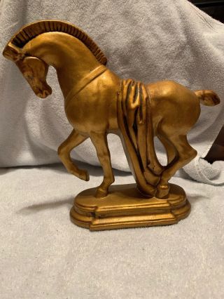 Vintage Trojan Horse Statue Ceramic Cast Painted Gold 12 Inch