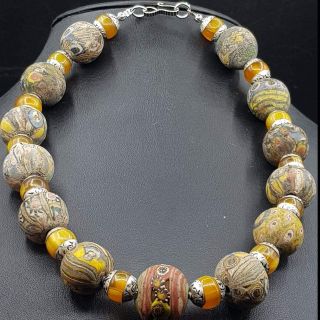 Silver Amber Beads Old Unique Mosaic Glass Beads With Faces Necklace 39