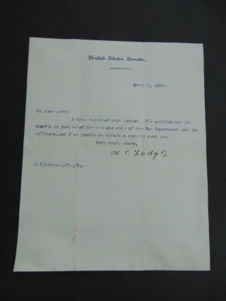 C.  1898 Letter Signed By Henry Cabot Lodge On U.  S.  Senate Stationary