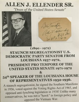 Segregationist Lynching Senator Louisiana President Pro Tem Autograph Signed 