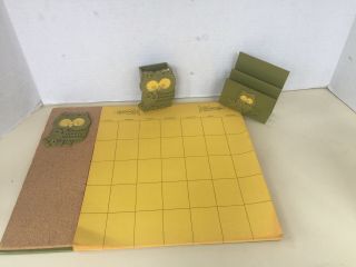 Vintage Owl Desk Set Retro Green Pen Holder,  Paper,  Paperclip Calendar 60s