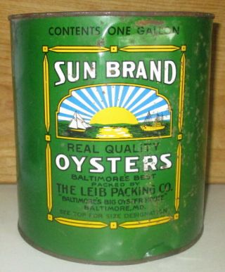 Vintage Sun Brand Oyster Gallon Tin Can - Packer Md 27