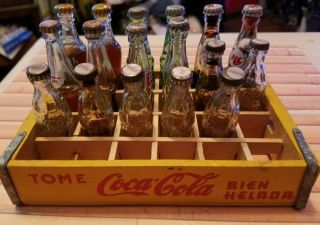 Vintage Miniature Soda Bottles Orange Crush Coke Pepsi Rc Sprite & Wood Crate 17