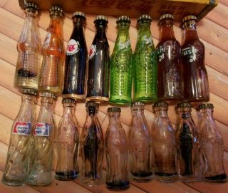 Vintage Miniature Soda Bottles Orange Crush Coke Pepsi RC Sprite & Wood Crate 17 3
