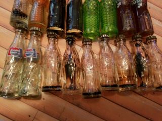 Vintage Miniature Soda Bottles Orange Crush Coke Pepsi RC Sprite & Wood Crate 17 4