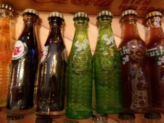 Vintage Miniature Soda Bottles Orange Crush Coke Pepsi RC Sprite & Wood Crate 17 5