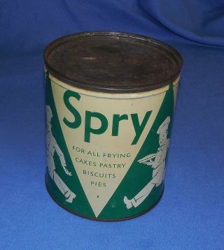 Vintage Lever Bros.  Spry Vegetable Shortening 3 Lb.  Tin Litho Can