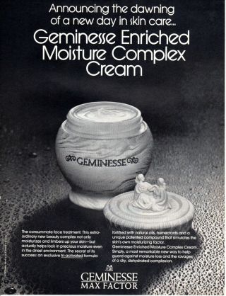 1973 Vintage Print Ad Geminesse Max Factor Cream Unusual Jar Wig Fashion Tress
