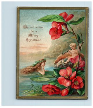 1880 ' s Fab Fantasy Fairy Water Nymph Lily Pads Victorian Christmas Card &M 2