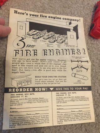 9 Vintage Kelloggs Premium Fire Engine Toys With Mailer 2