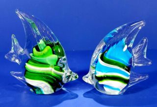 Set Of 2 Hand Blown Art Glass Fish - Blue Fish,  Green Fish - Fish