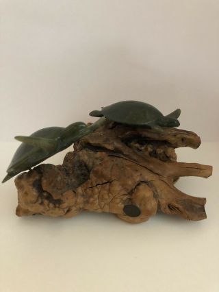 John Perry Double Jade Pellucida 2 Sea Turtles Sculpture Figure On Burl Wood