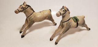 2 Antique Wooden & Plaster Horses - Hand Painted - Germany - Galloping - Primiative - 4in
