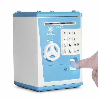 Electronic Voice Fingerprint Safe Money Bank Coin Box Mini Atm Kids Toys Blue
