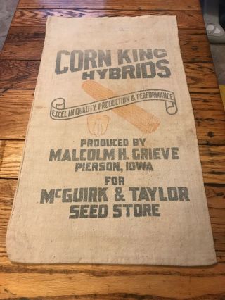 Corn King Hybrids Pierson Iowa Seed Corn Sack Bag Cloth Farm Feed Malcolm Grieve