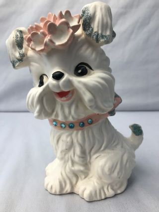 Vintage White Terrier Maltese Rhinestone Glitter Dog Puppy Piggy Bank Figurine