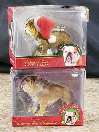 2 English Bulldog Brown Fawn Limited Edition 3 Inch Standing Santa Hat Figures